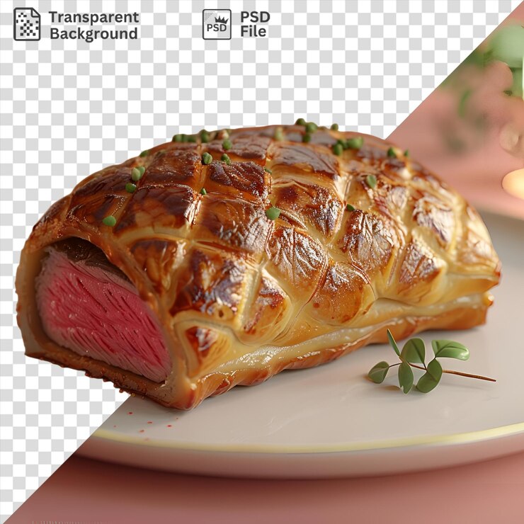 PSD unica carne de res sana wellington servida en un plato blanco adornado con una hoja verde colocada en una mesa rosada
