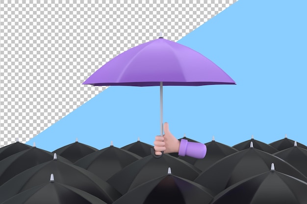 PSD unicité et individualité main tenant un parapluie violet parmi les personnes avec des parapluies noirs