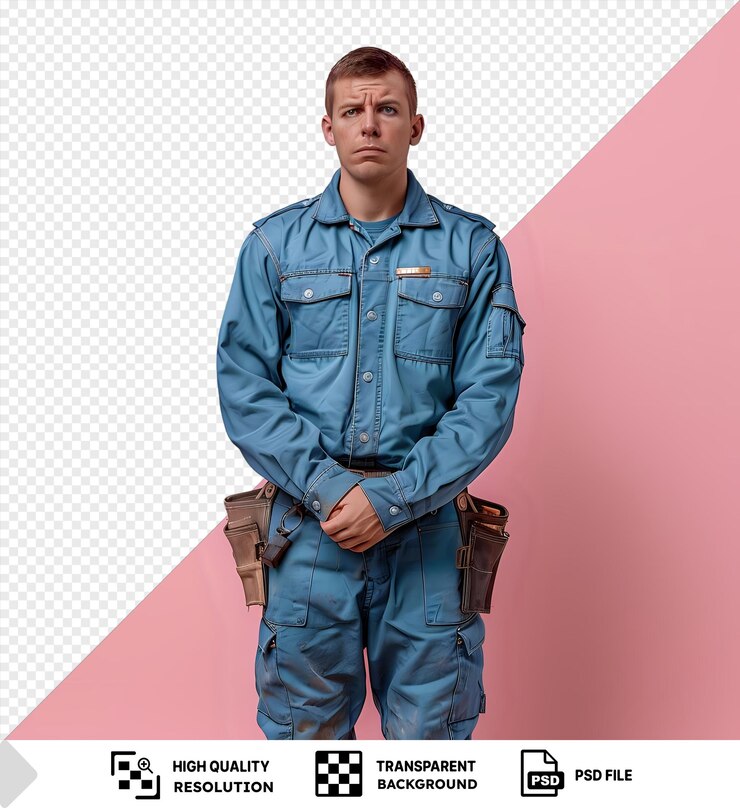 PSD único descontento sosteniendo las manos juntas joven hombre constructor uniforme de pie frente a la pared rosa con chaqueta azul cinturón negro y pantalones vaqueros azules con un guante marrón en la mano izquierda