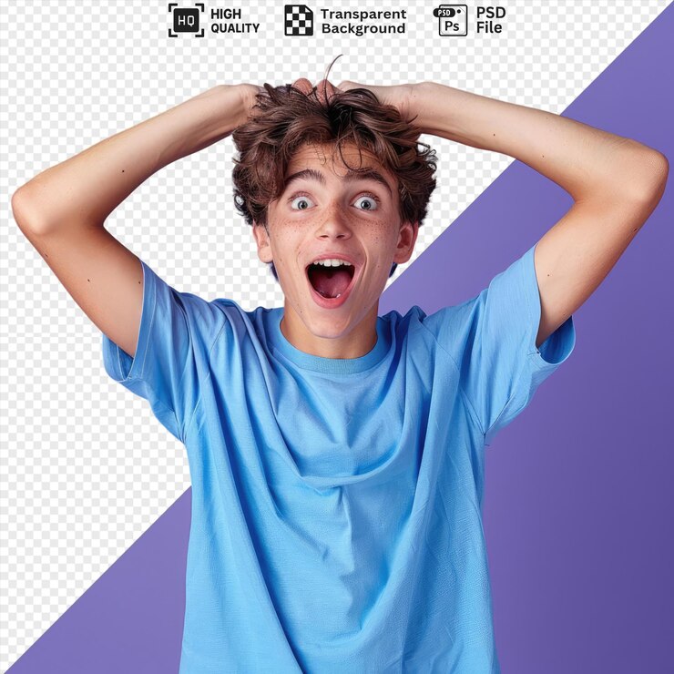 único emocionado agarró la cabeza joven apuesto chico con camisa azul y vaqueros azules con cabello marrón y ojos azules haciendo una cara graciosa mientras muestra su boca abierta y oreja pequeña