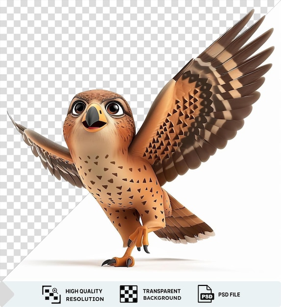 PSD Único halcón de dibujos animados en 3d volando con ojos agudos acompañado de un pájaro marrón y un pie naranja en un fondo transparente png clipart png