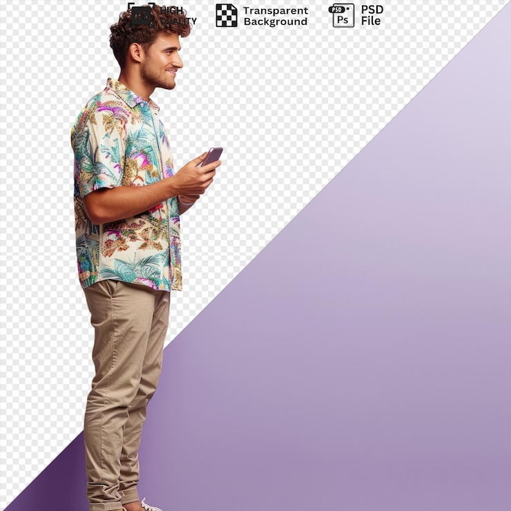 PSD único impresionado joven hombre guapo de pie vista de perfil sosteniendo teléfono móvil mirando lado con espacio de copia png psd