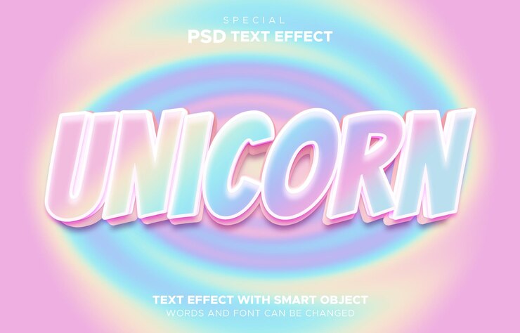 PSD unicorn pastel warna-warni efek teks manis, logo mockup gaya 3d yang dapat diedit