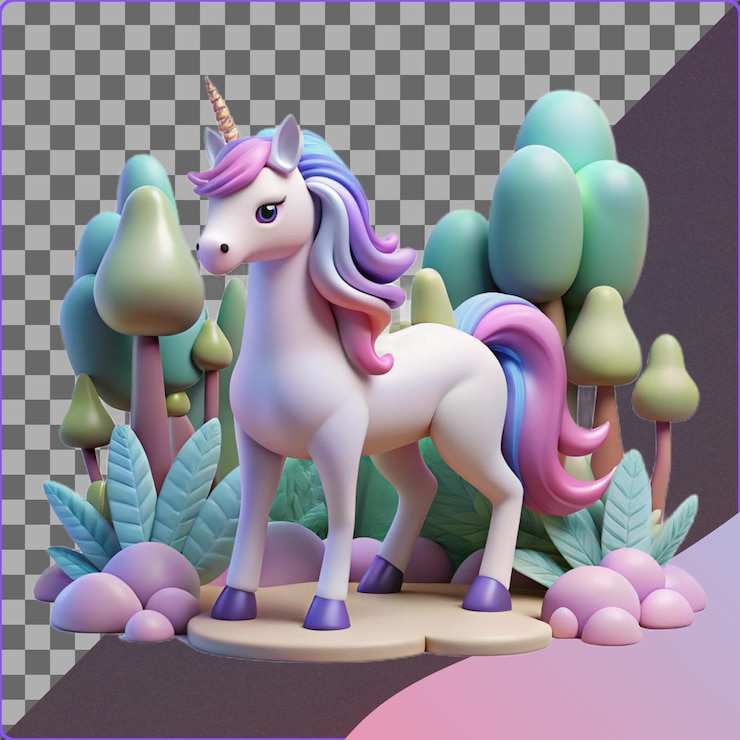 PSD unicórnio 3d bonito em um cenário de fantasia