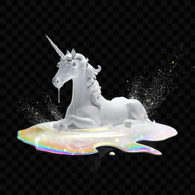 Un unicornio blanco con un arco iris en la cabeza está cubierto de agua