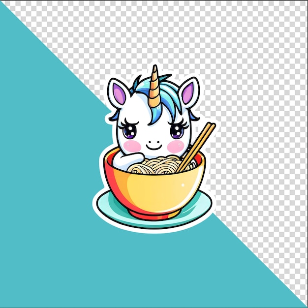 Unicornio de dibujos animados en 3D en un plato de fideos de ramen con un fondo transparente