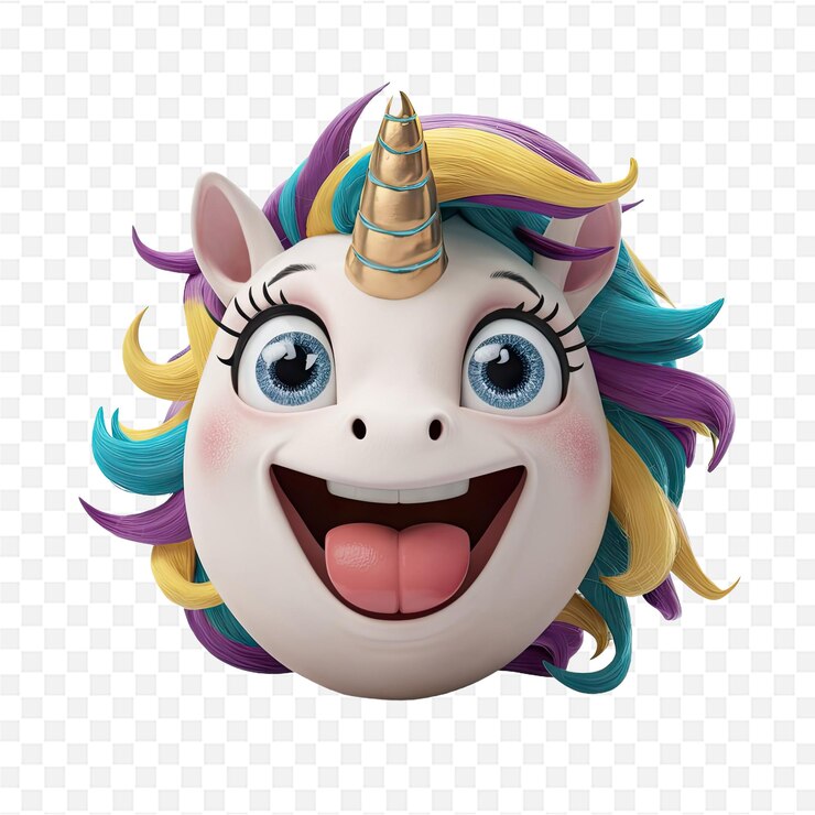 PSD un unicornio de dibujos animados con una melena púrpura y una melena azul