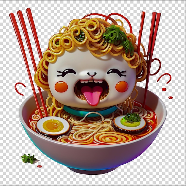 PSD unicornio de dibujos animados psd 3d en un cuenco de fideos ramen con un fondo transparente