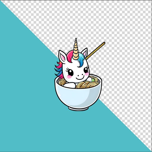 Unicornio de dibujos animados PSD 3D en un cuenco de fideos ramen con un fondo transparente
