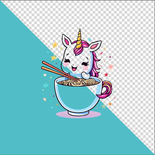 Unicornio de dibujos animados psd 3d en un cuenco de fideos ramen con un fondo transparente