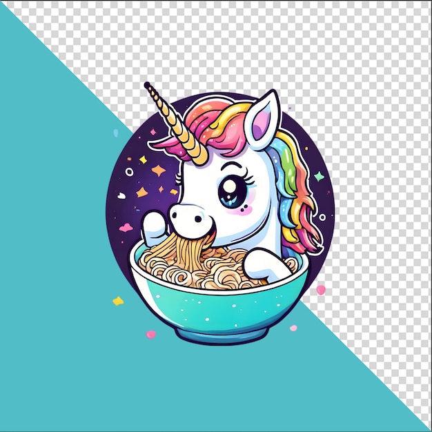 PSD unicornio de dibujos animados psd 3d en un cuenco de fideos ramen con un fondo transparente