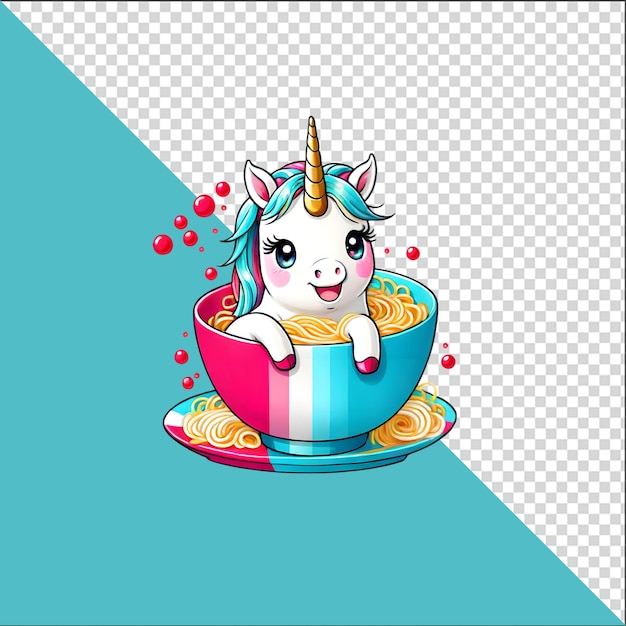 PSD unicornio de dibujos animados psd 3d en un cuenco de fideos ramen con un fondo transparente