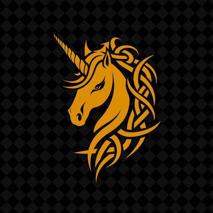 PSD un unicornio dorado con una melena de una melena en su cabeza