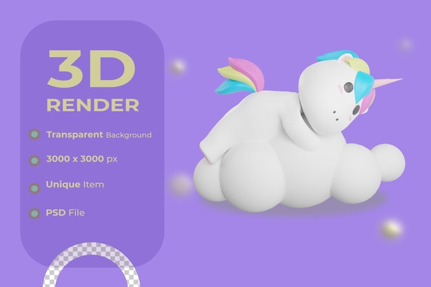 Unicornio duerme en la nube ilustración con fondo transparente 3d render