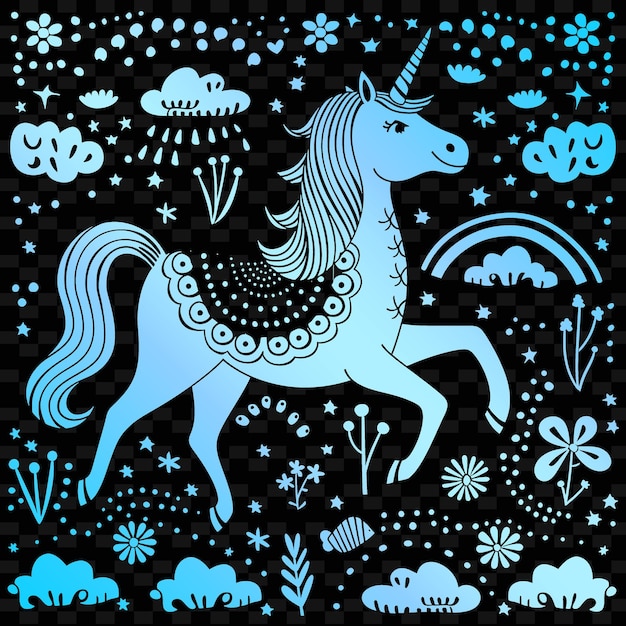 PSD un unicornio con un fondo azul con nubes y estrellas