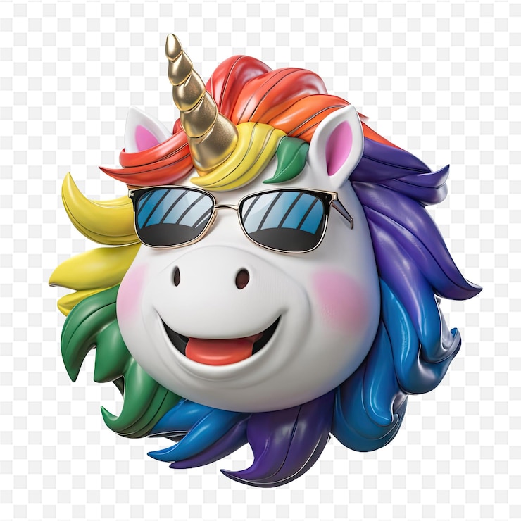 PSD un unicornio con gafas de sol en la cabeza y una melena arco iris