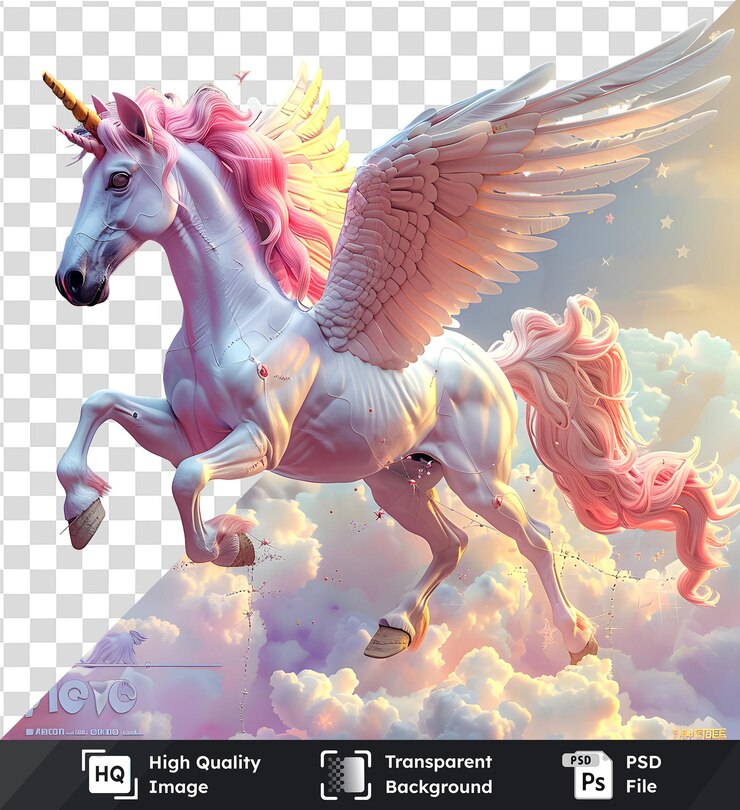 PSD unicornio mágico con alas volando a través de un cielo de ensueño con fondo transparente de primera calidad