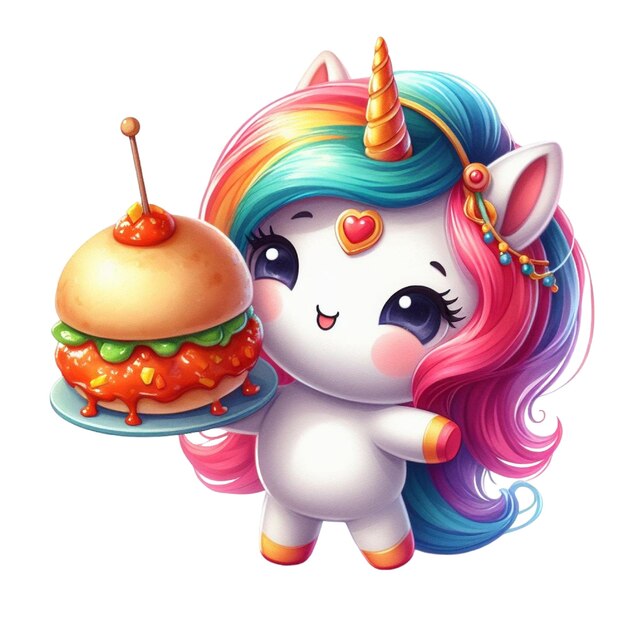 un unicornio con una melena de arco iris y cola sosteniendo una hamburguesa con una hamburger en ella