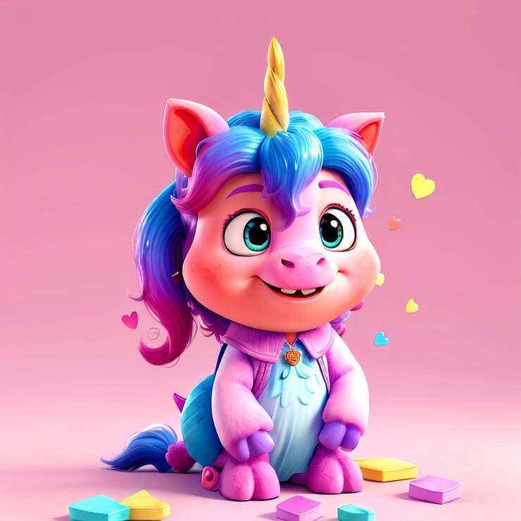 PSD un unicornio con una melena azul y cola se sienta en un fondo rosa