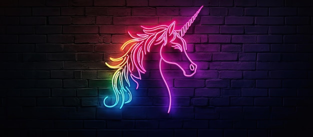 El unicornio de neón en la pared de ladrillo