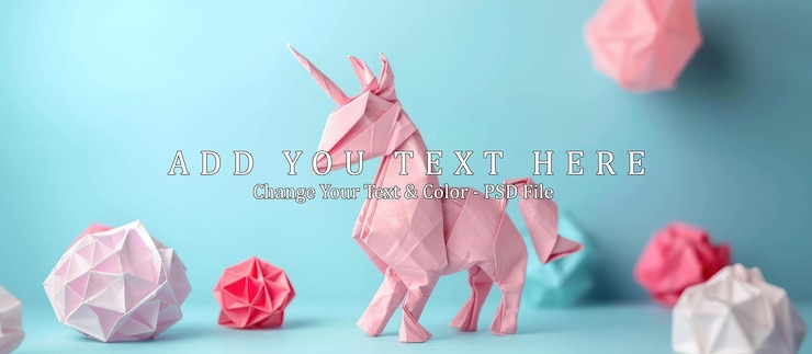 PSD unicornio de origami rosado con bolas de papel arrugadas