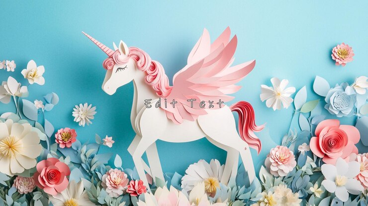 PSD unicornio de papel con alas en el jardín de flores