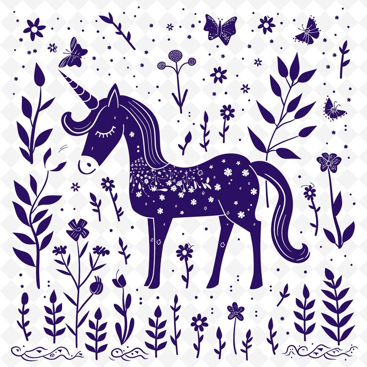 PSD un unicornio púrpura con flores y mariposas en él