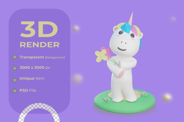 Unicórnio segura ilustração de flor com fundo transparente 3d render