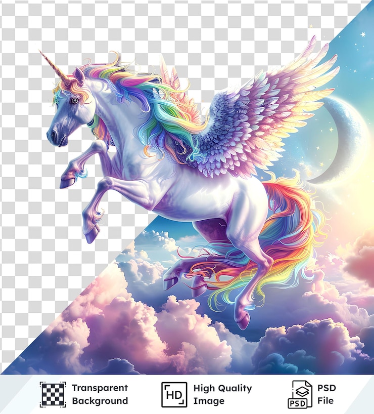 PSD unicornio volador con crina y cola de arco iris volando a través de las nubes con fondo transparente