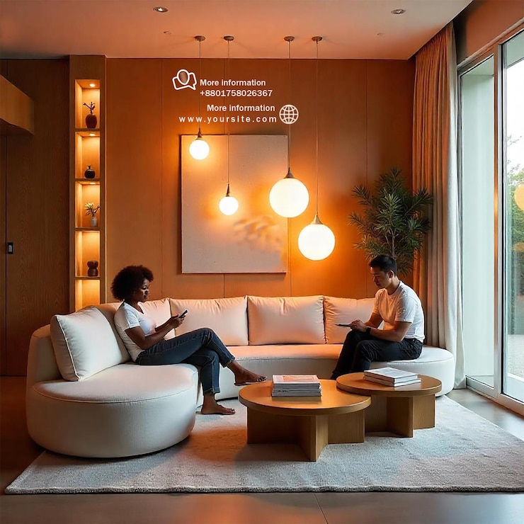 PSD unidad de estantería de sofá plantas de interior y lámparas incandescentes en el interior de la sala de estar