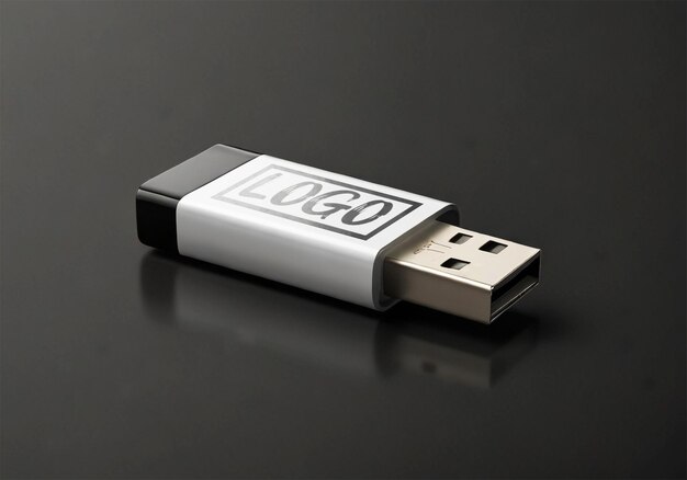 Una unidad USB colocada cerca de una computadora portátil perfecta para la colocación de logotipos de marca