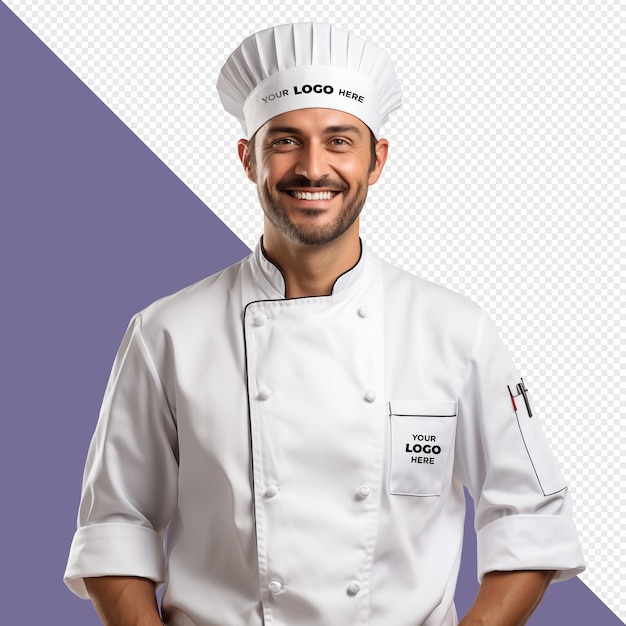 PSD uniforme de chef-cuisinier chapeau tablier souriant moqueur de logo arabe transparent portrait psd personnel de boulangerie italien