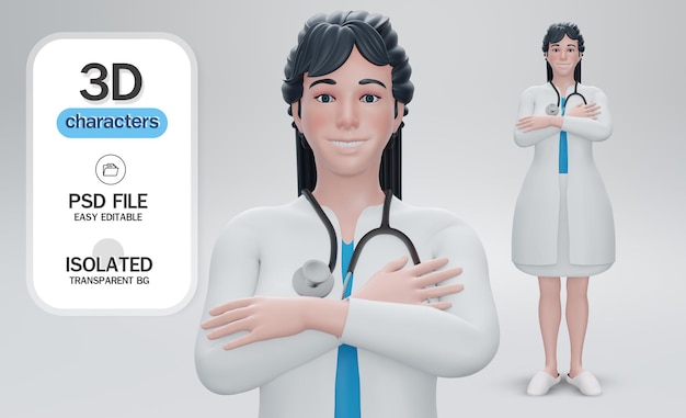 Uniforme de dessin animé de médecin.Caractère médical une jeune femme médecin en costume se tient les mains jointes o