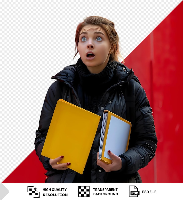 PSD unikátní vyděšená mladá krásná žena držící složky v černé bundě drží složku před červenou zdí png psd