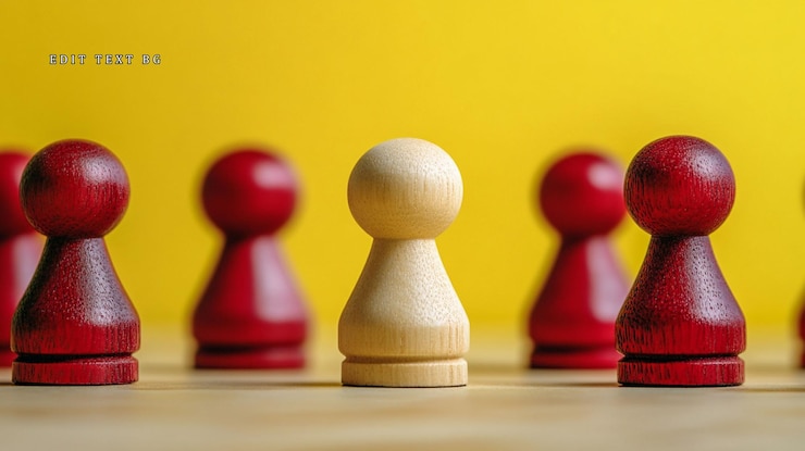 PSD unique wooden pawn stands out from red pawns on yellow background