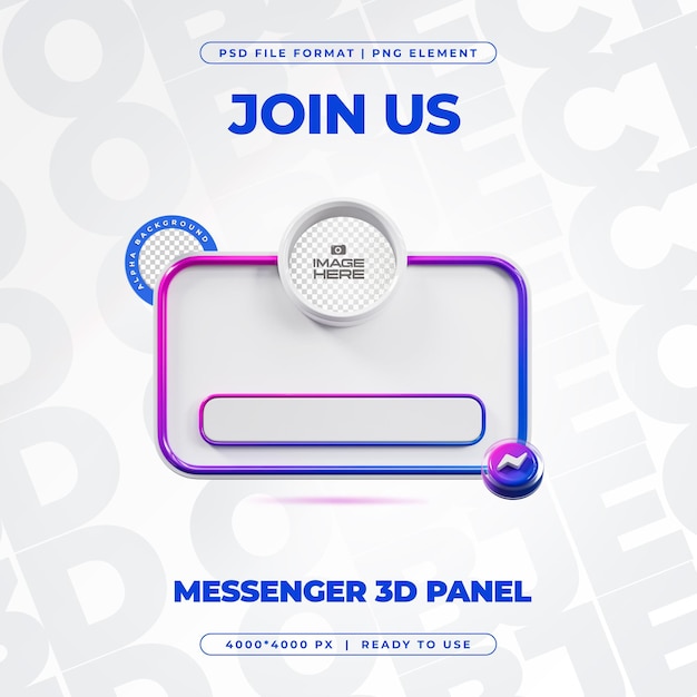 Unirse a nosotros en el perfil de Messenger Medios sociales Renderizado en 3D aislado para composición