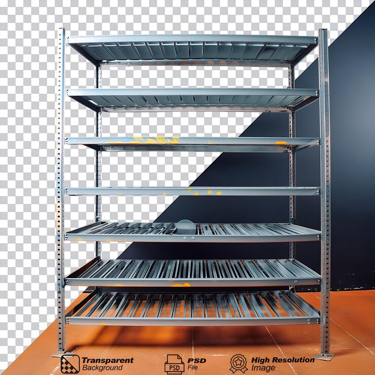 PSD unità di scaffalature metalliche industriali isolate su uno sfondo trasparente
