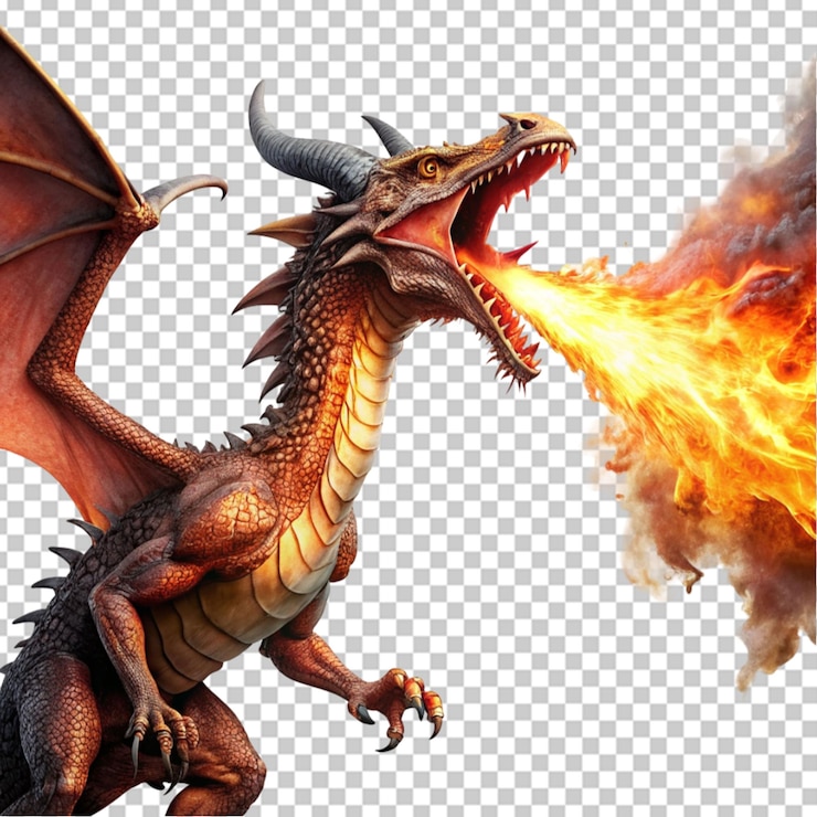 PSD uno drago che respira fuoco sullo sfondo trasparente