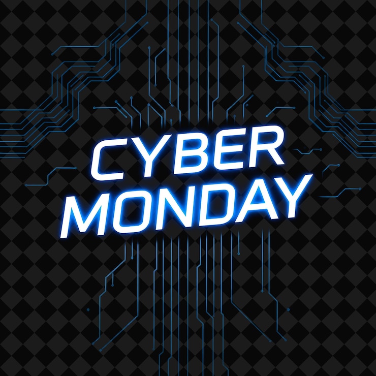 PSD uno sfondo nero con un cartello al neon blu che dice cyber monday su di esso