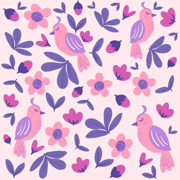 uno sfondo rosa con uccelli e fiori rosa e viola