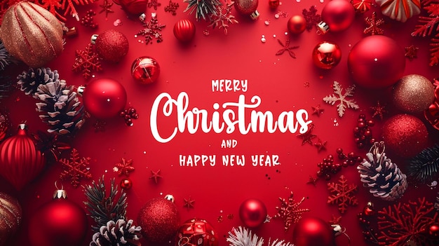 uno sfondo rosso con un biglietto di Natale e uno sfondo Rosso con un albero di natale e decorazioni