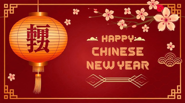 uno sfondo rosso con uno sfondo Rosso con una lanterna e fiori per il Capodanno cinese