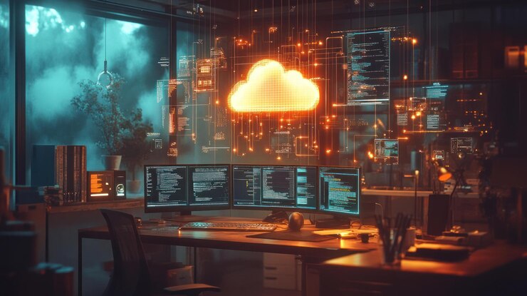 PSD uno spazio di lavoro futuristico con un simbolo di nuvola luminosa, più monitor che mostrano il codice e una finestra con una vista di un paesaggio urbano nuvoloso