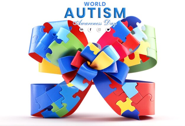 uno striscione a fiocco bandiera della Giornata mondiale della consapevolezza dell'autismo con puzzle colorati su sfondo bianco