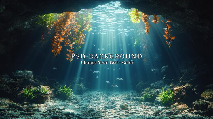 PSD unterwasserhöhle mit lichtstrahlen, pflanzen und fischen, die eine see bilden