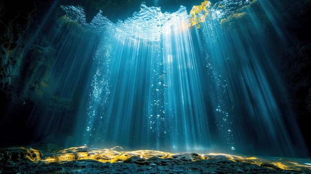 Unterwasserhöhle mit Sonnenlichtstrahlen, die das dunkle Wasser beleuchten