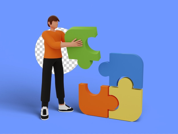 Uomini che collegano i pezzi del puzzle. illustrazione 3D