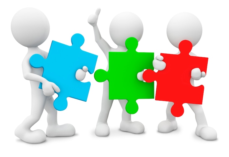 PSD uomini tridimensionali con pezzi di puzzle come lavoro di squadra.