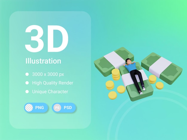 uomo 3d che si distende sul mucchio di soldi