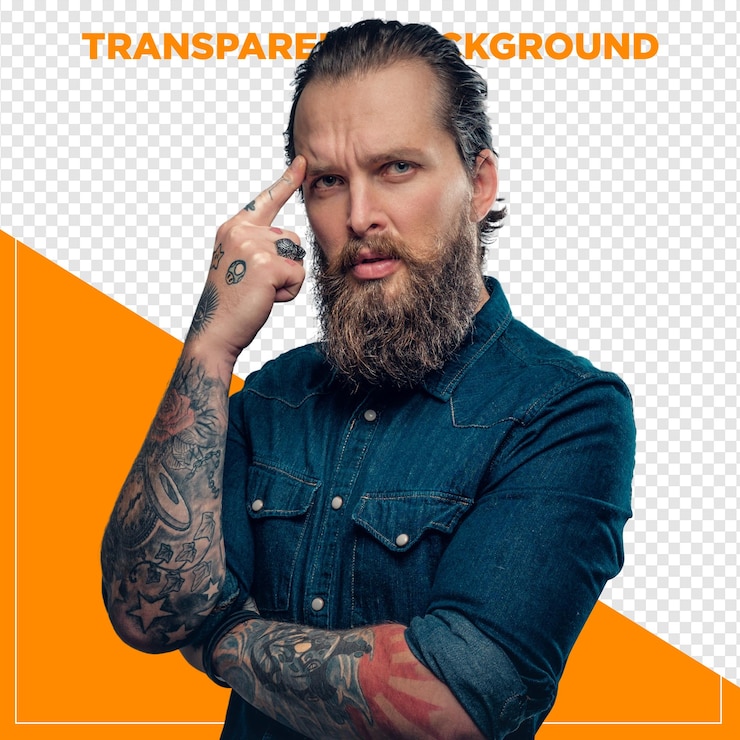 PSD uomo barbuto e tatuato con il dito sulla fronte riflessivo